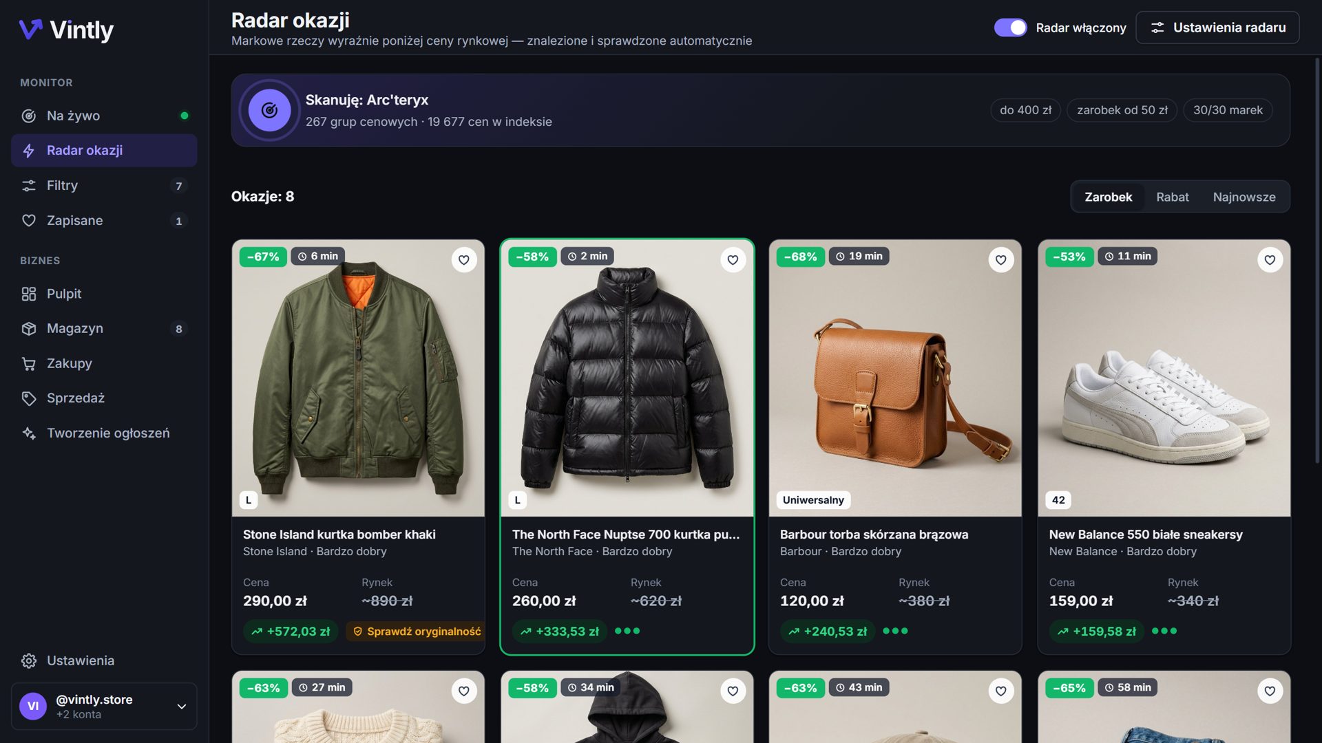 Radar okazji — lista znalezionych okazji